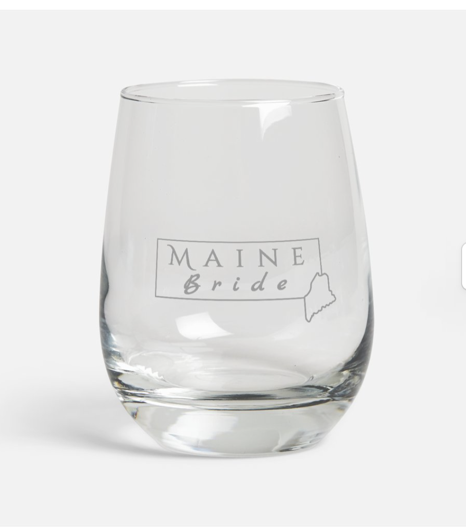 Maine Bride - etched stemless wine glass